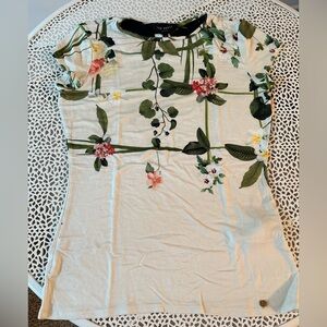 Ted Baker Cream Floral Short Sleeve Tee with Green Leaf Print